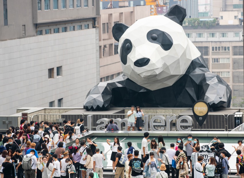 市民游客與網(wǎng)紅爬墻熊貓合影打卡。成都大運會執(zhí)委會供圖